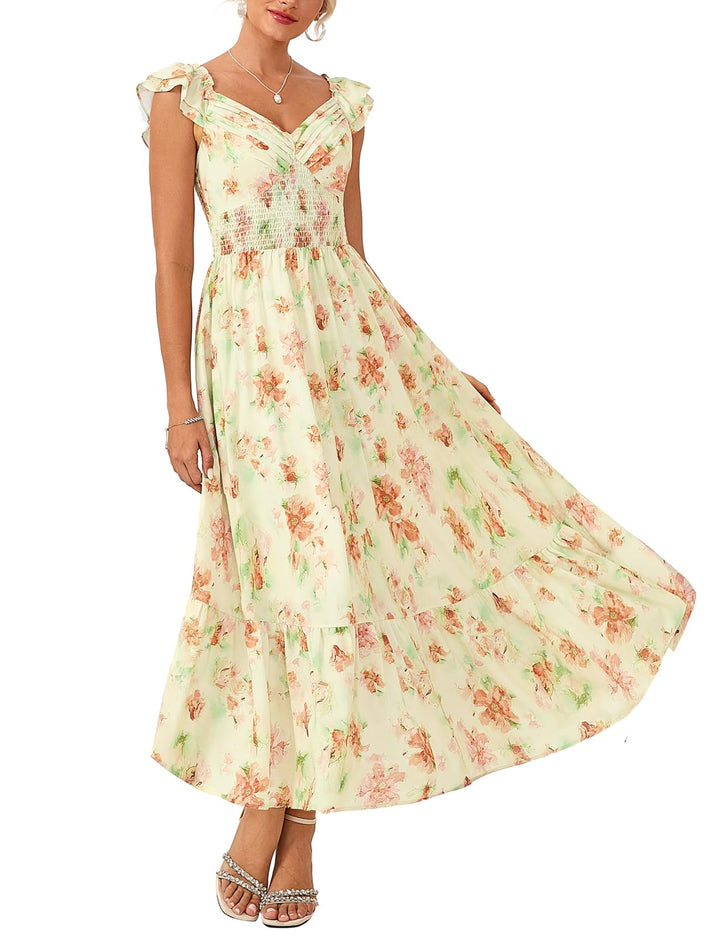 Chiara Vestido Maxi Mujer – Chifón Floral, Escote en V y Mangas Volante con Bolsillos