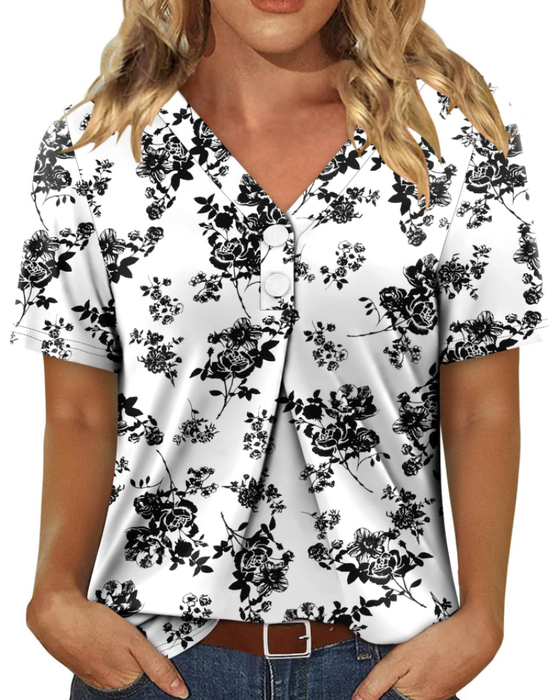 Everly Túnica Mujer – Escote en V Henley, Mangas Cortas y Blusa Casual Suave