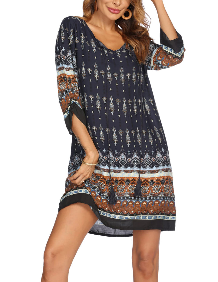 Odelia Women's Boho Dress – 3/4 Sleeves, V-Neck with Tassels & Floral Tunic