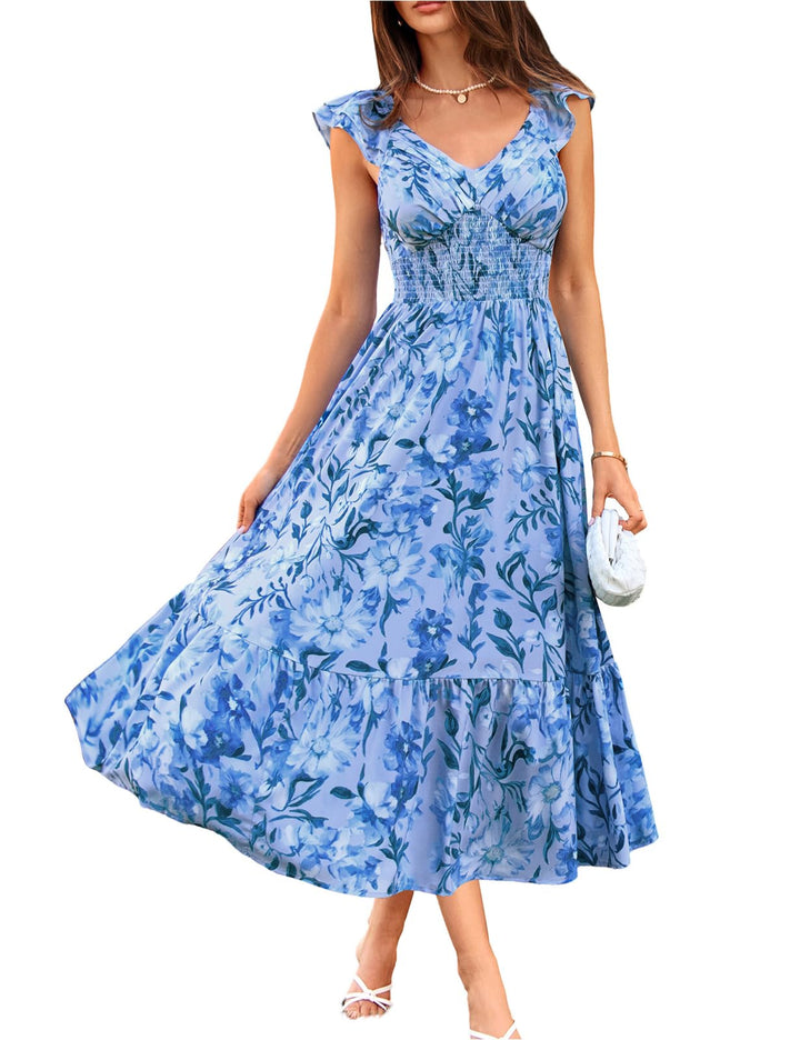 Chiara Vestido Maxi Mujer – Chifón Floral, Escote en V y Mangas Volante con Bolsillos