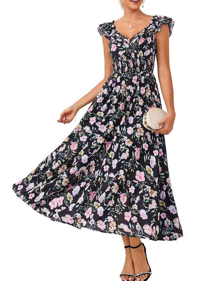 Chiara Vestido Maxi Mujer – Chifón Floral, Escote en V y Mangas Volante con Bolsillos