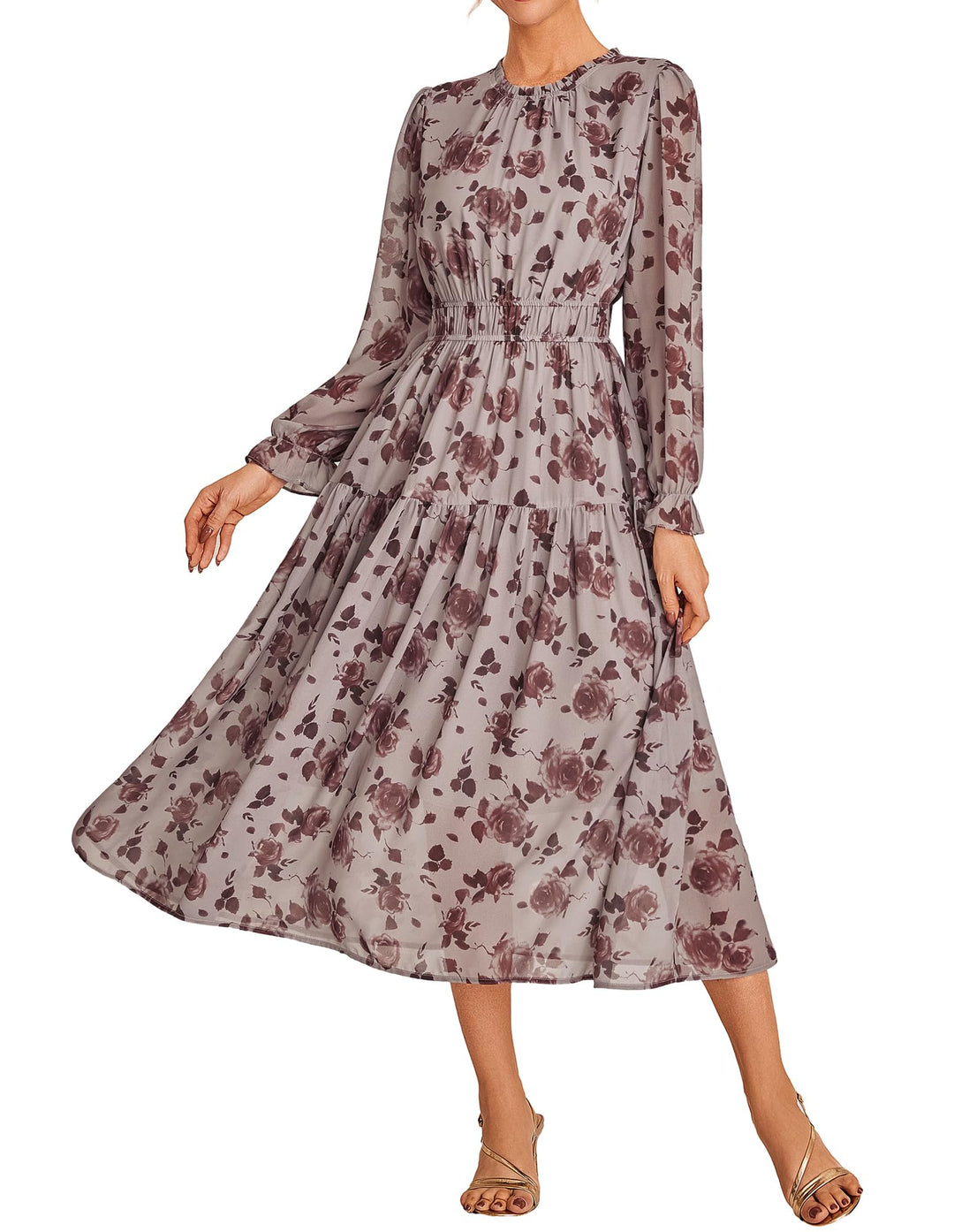 Briseis Rochie Maxi pentru Femei – Șifon Floral, Mâneci Lungi & Croială A-Line Elegantă