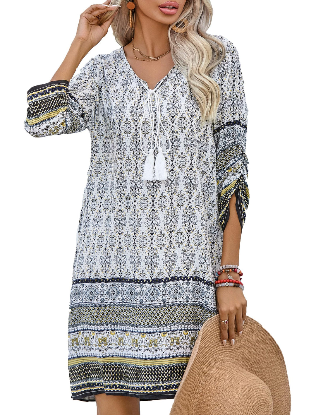 Odelia Women's Boho Dress – 3/4 Sleeves, V-Neck with Tassels & Floral Tunic