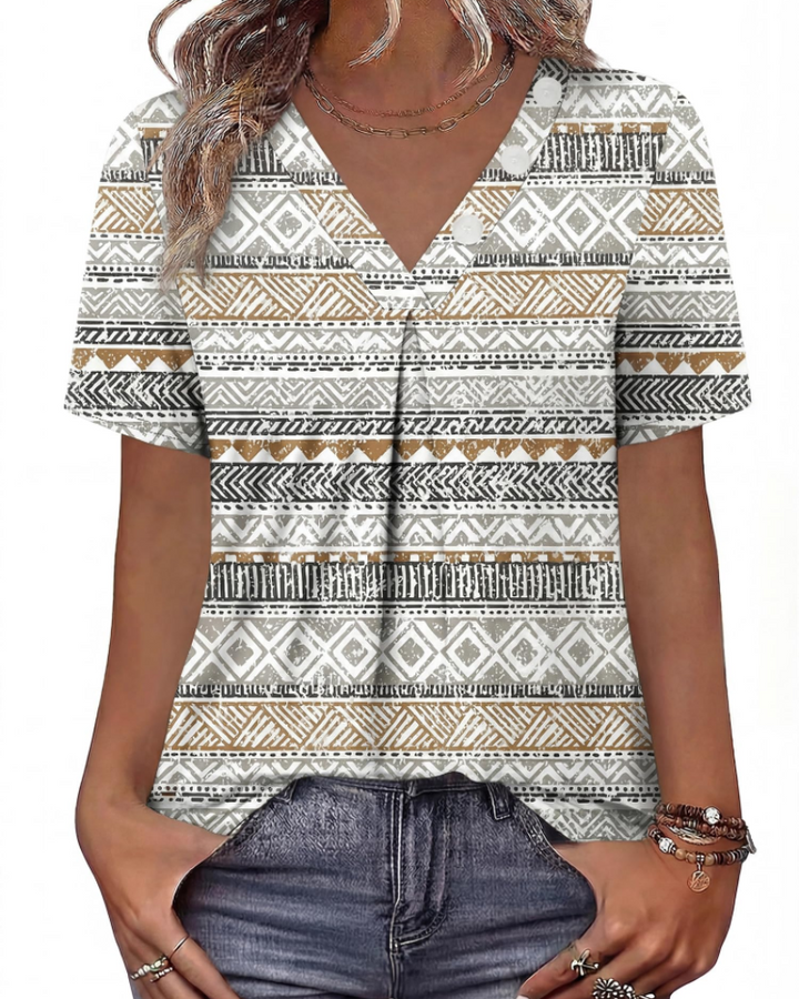 Everly Túnica Mujer – Escote en V Henley, Mangas Cortas y Blusa Casual Suave