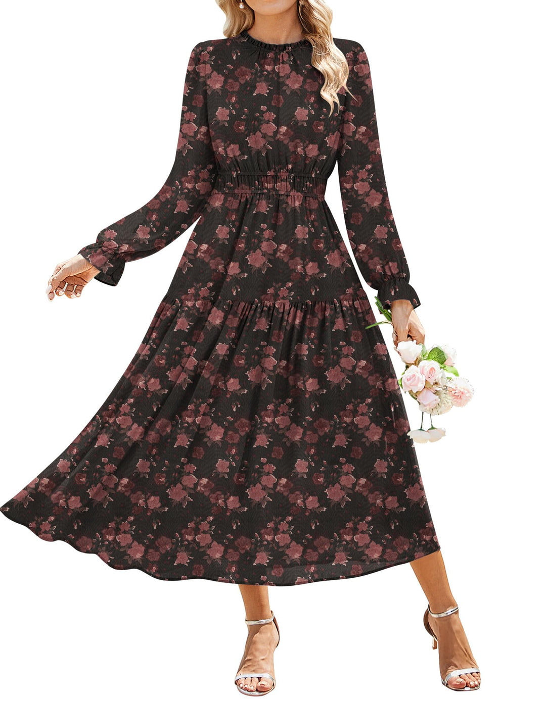 Briseis Rochie Maxi pentru Femei – Șifon Floral, Mâneci Lungi & Croială A-Line Elegantă