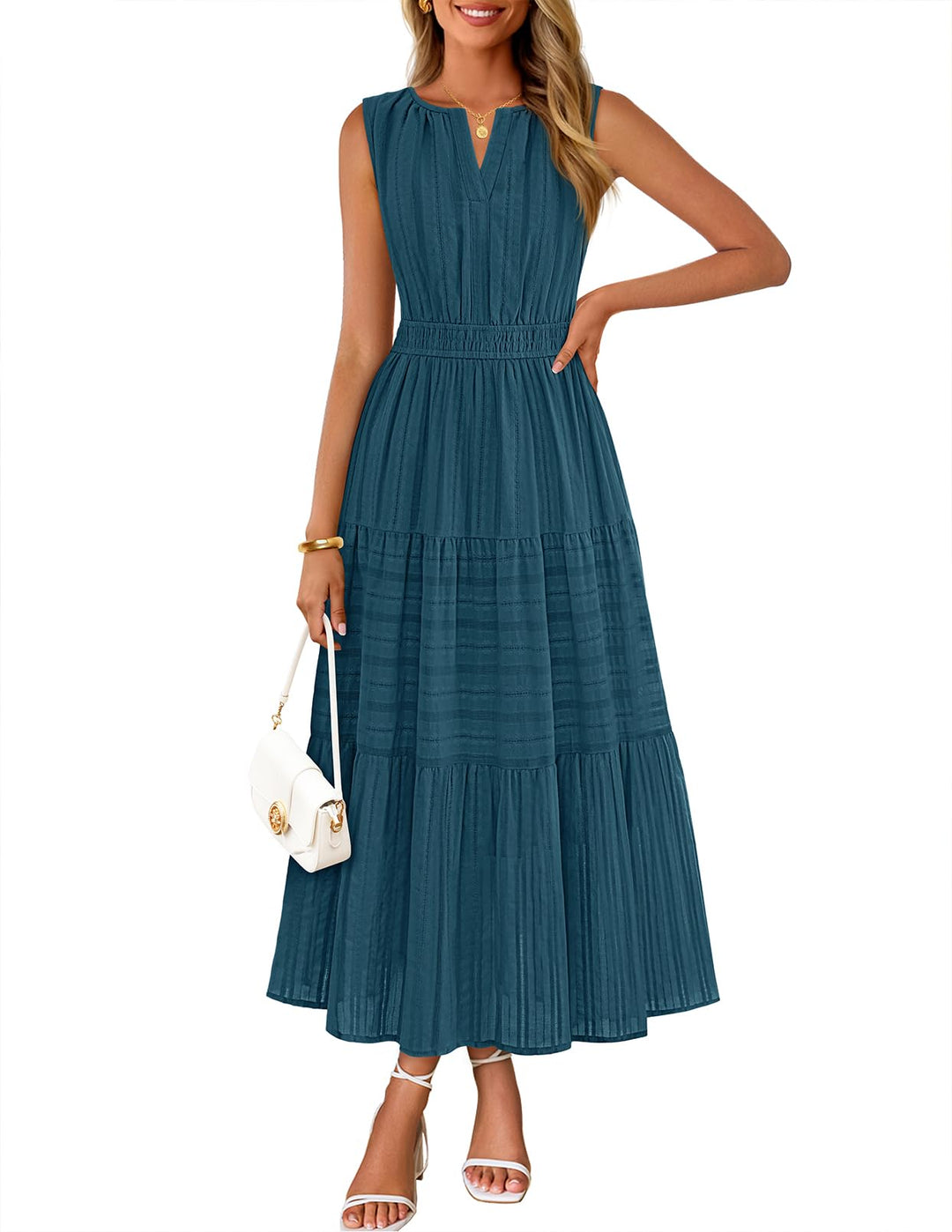 Camille Maxi-kjole for dame – Jacquardbomull, V-hals og A-linje boho med lommer