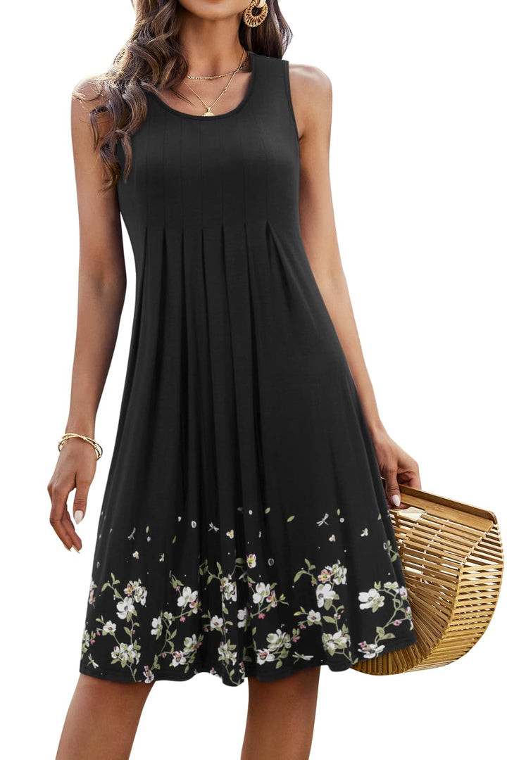 Giada Vestido Midi Mujer – Sin Mangas, Cuello Redondo y Línea A Plisado Casual de Verano