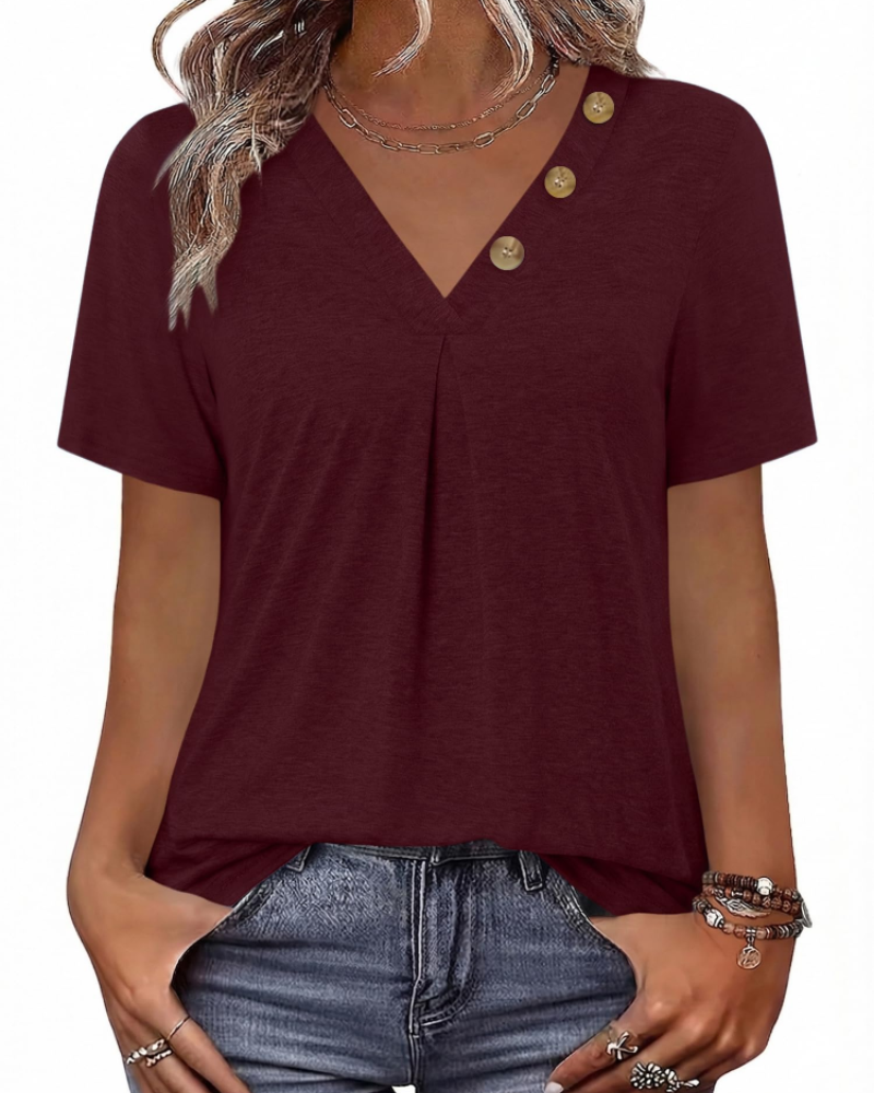 Everly Túnica Mujer – Escote en V Henley, Mangas Cortas y Blusa Casual Suave