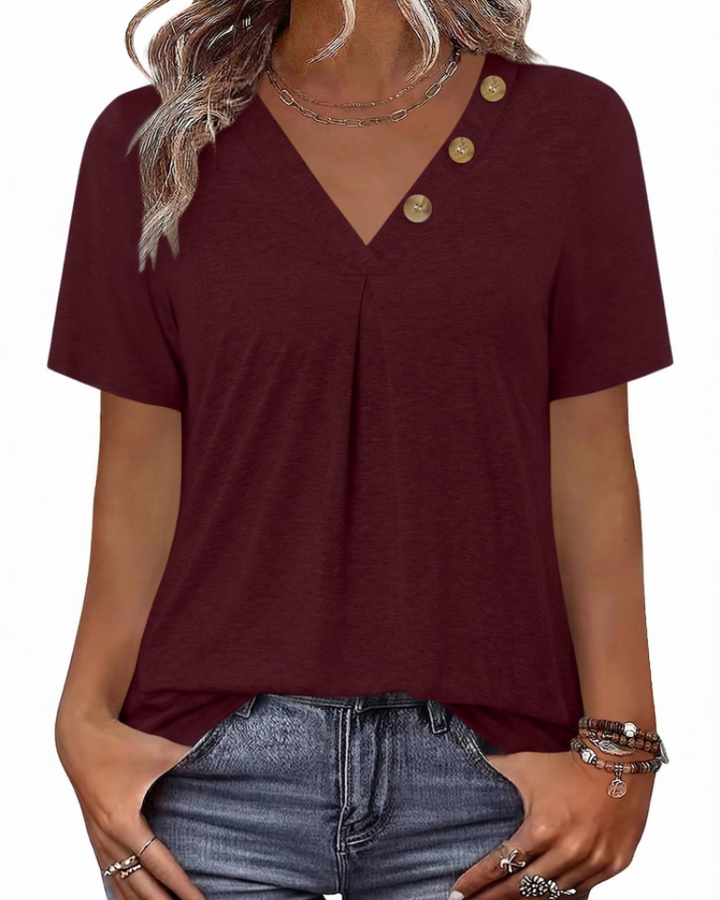 Everly Túnica Mujer – Escote en V Henley, Mangas Cortas y Blusa Casual Suave