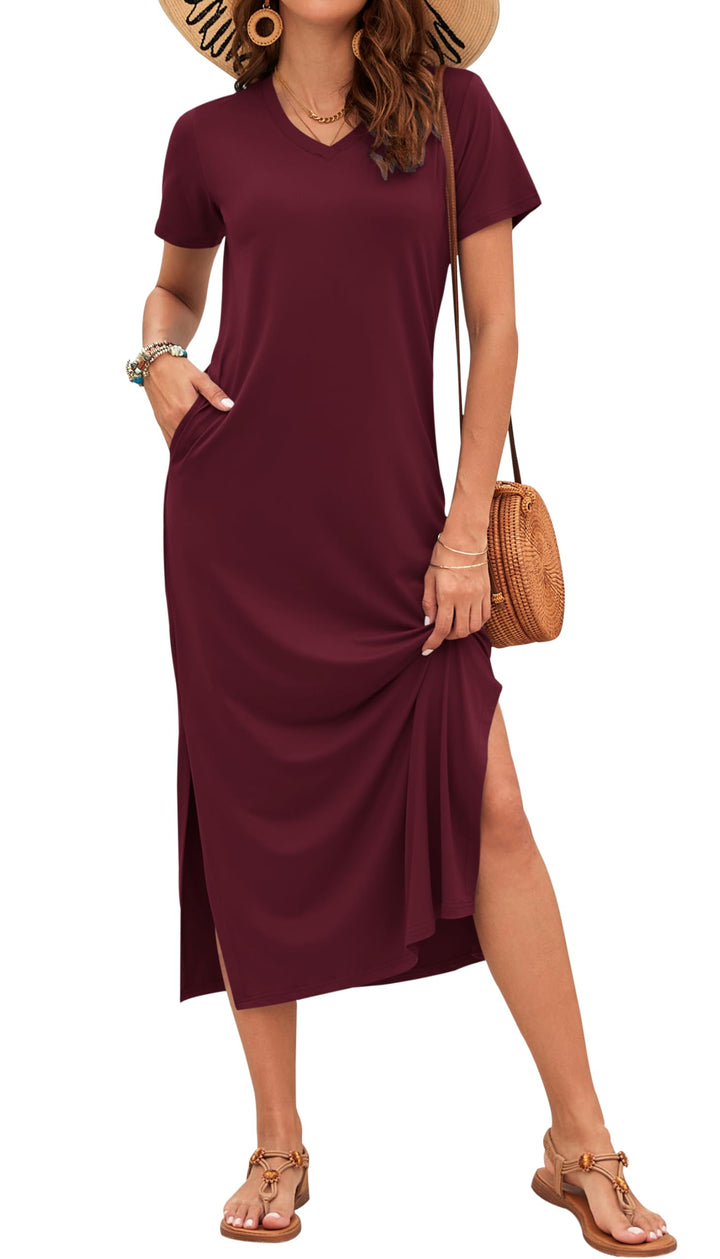 Scottlyn Vestido Maxi para Mujer – Escote en V, Abertura Lateral y Mangas Cortas Elegante