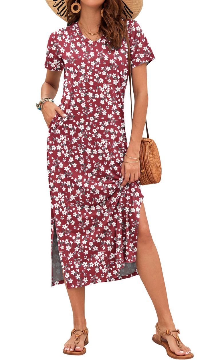 Scottlyn Vestido Maxi para Mujer – Escote en V, Abertura Lateral y Mangas Cortas Elegante