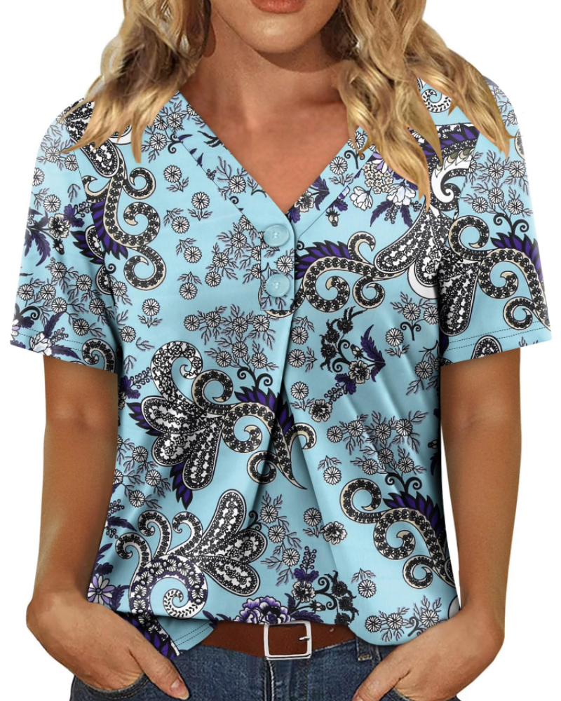 Everly Túnica Mujer – Escote en V Henley, Mangas Cortas y Blusa Casual Suave