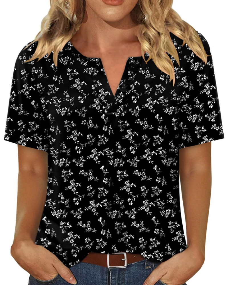 Everly Túnica Mujer – Escote en V Henley, Mangas Cortas y Blusa Casual Suave