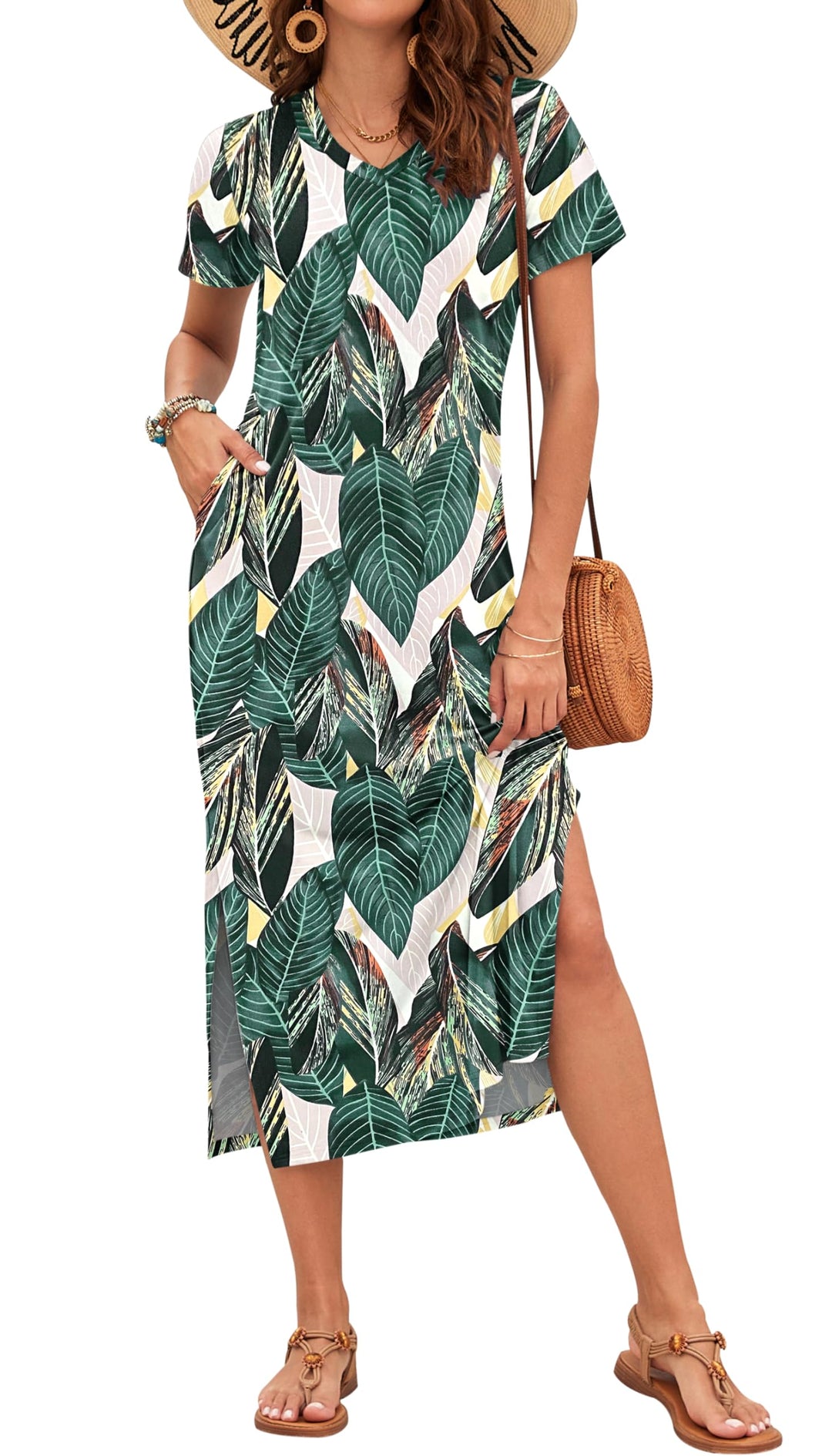 Scottlyn Vestido Maxi para Mujer – Escote en V, Abertura Lateral y Mangas Cortas Elegante