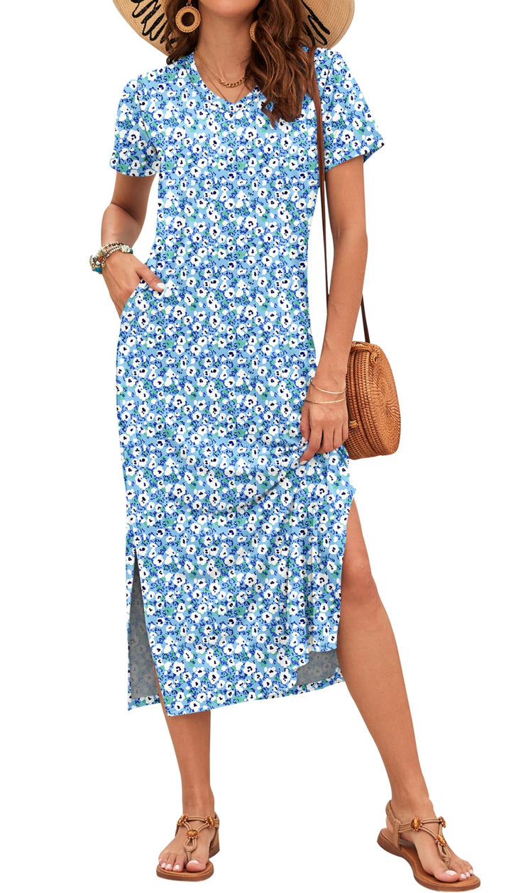 Scottlyn Vestido Maxi para Mujer – Escote en V, Abertura Lateral y Mangas Cortas Elegante