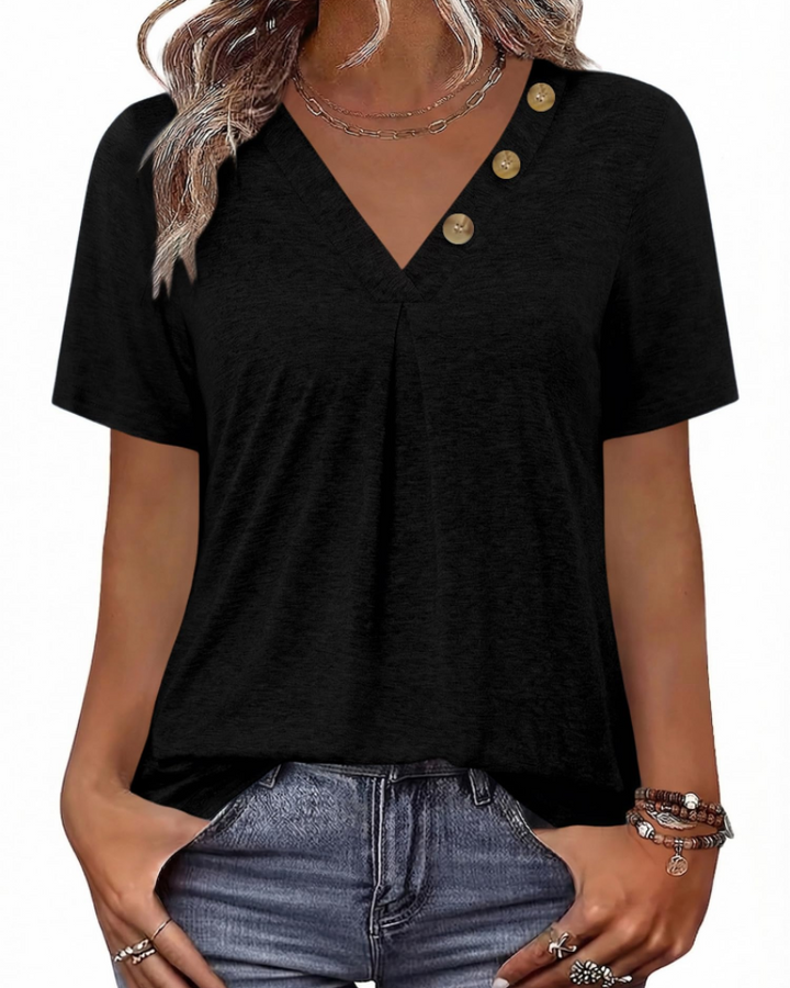 Everly Túnica Mujer – Escote en V Henley, Mangas Cortas y Blusa Casual Suave