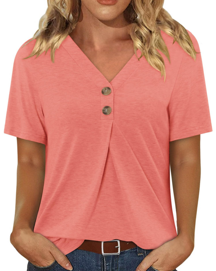 Everly Túnica Mujer – Escote en V Henley, Mangas Cortas y Blusa Casual Suave