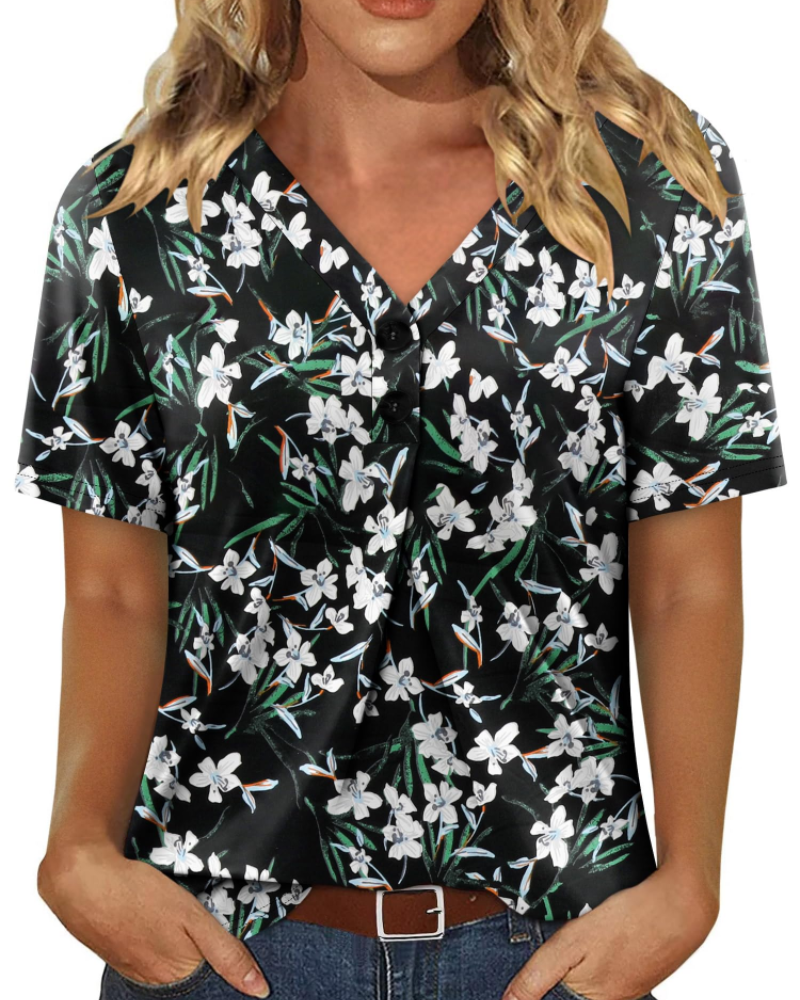 Everly Túnica Mujer – Escote en V Henley, Mangas Cortas y Blusa Casual Suave
