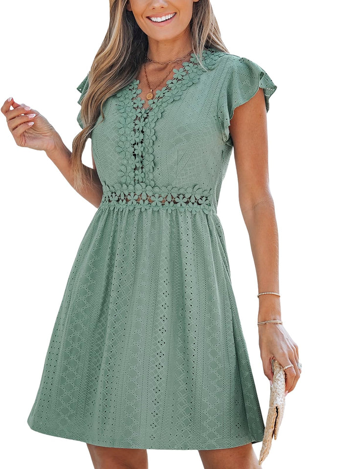 Aria Robe Femme en Dentelle – Col V, Manches Volantes & Mini Élégante d'Été