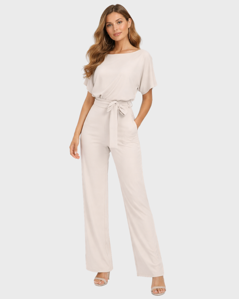 Gisela Tuta Donna Elegante Pantalon Larg – Salopetă cu Centură și Umeri Descoperiți