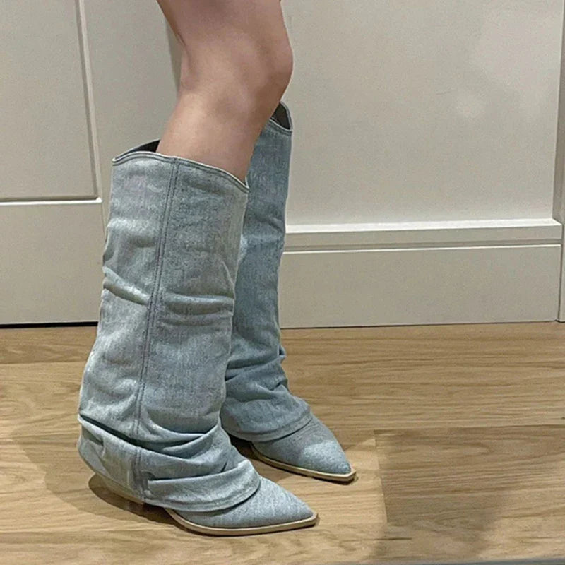 Kowbojskie buty z dżinsu do kolan | Zimowe