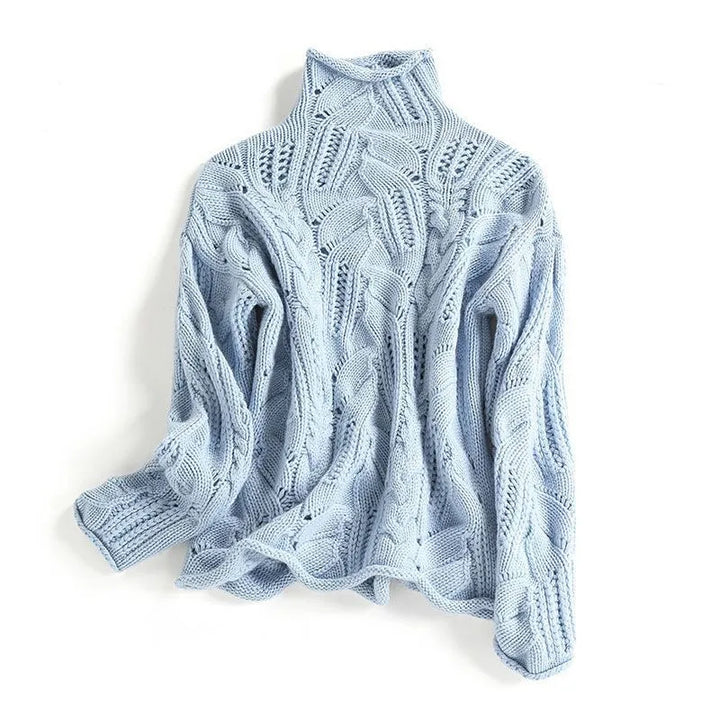 Klaihre Dame Høyhalset Genser – Strikket Pullover med Flette-mønster og Myk Passform