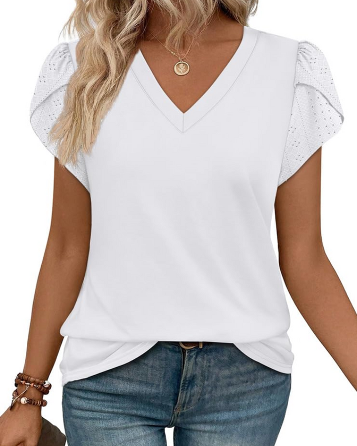 Skylar Damenbluse Elegant – V-Ausschnitt, Flügelärmel mit Spitze & Lässiges Chic-Top