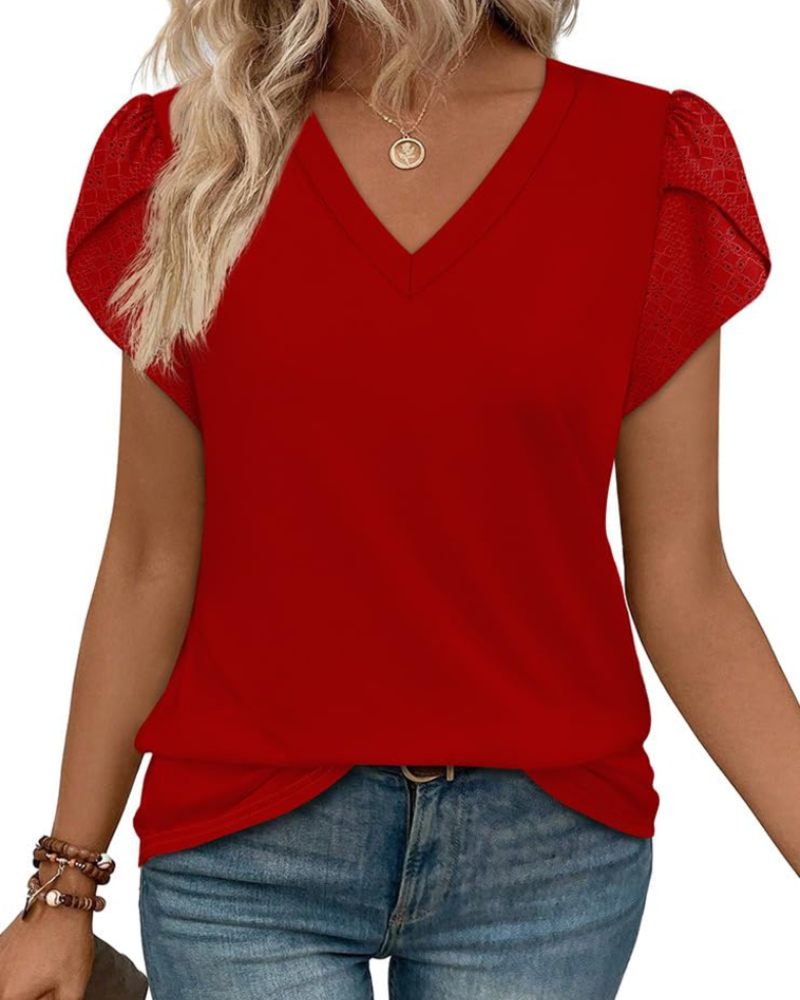 Skylar Damenbluse Elegant – V-Ausschnitt, Flügelärmel mit Spitze & Lässiges Chic-Top