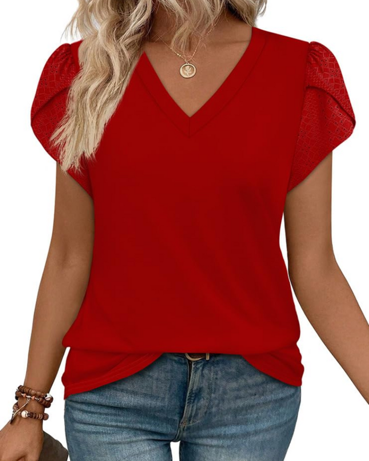 Skylar Damenbluse Elegant – V-Ausschnitt, Flügelärmel mit Spitze & Lässiges Chic-Top