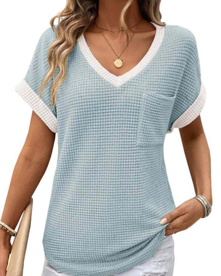 Top Solene Donna – Suéter de Punto Waffle, Escote en V y Camiseta Casual de Corte Holgado