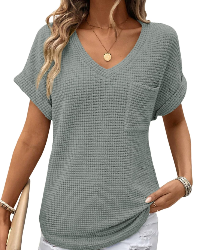 Top Solene Donna – Suéter de Punto Waffle, Escote en V y Camiseta Casual de Corte Holgado