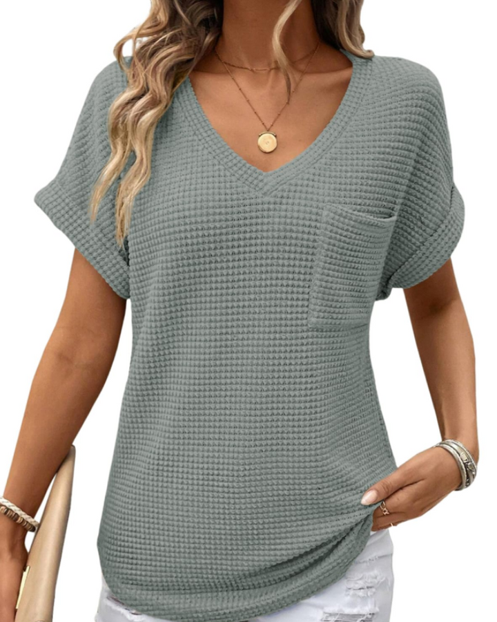 Top Solene Donna – Suéter de Punto Waffle, Escote en V y Camiseta Casual de Corte Holgado