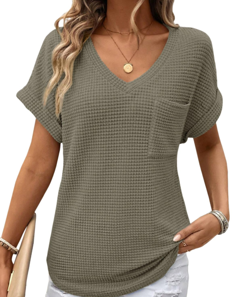 Top Solene Donna – Suéter de Punto Waffle, Escote en V y Camiseta Casual de Corte Holgado