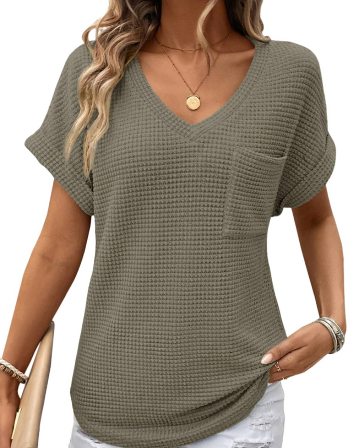 Top Solene Donna – Suéter de Punto Waffle, Escote en V y Camiseta Casual de Corte Holgado