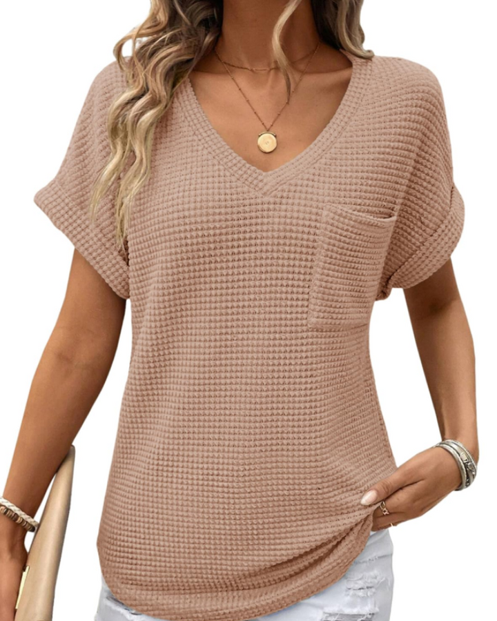 Top Solene Donna – Suéter de Punto Waffle, Escote en V y Camiseta Casual de Corte Holgado