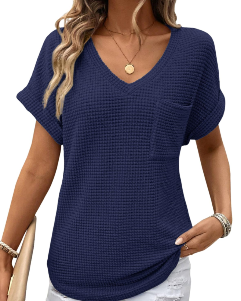 Top Solene Donna – Suéter de Punto Waffle, Escote en V y Camiseta Casual de Corte Holgado