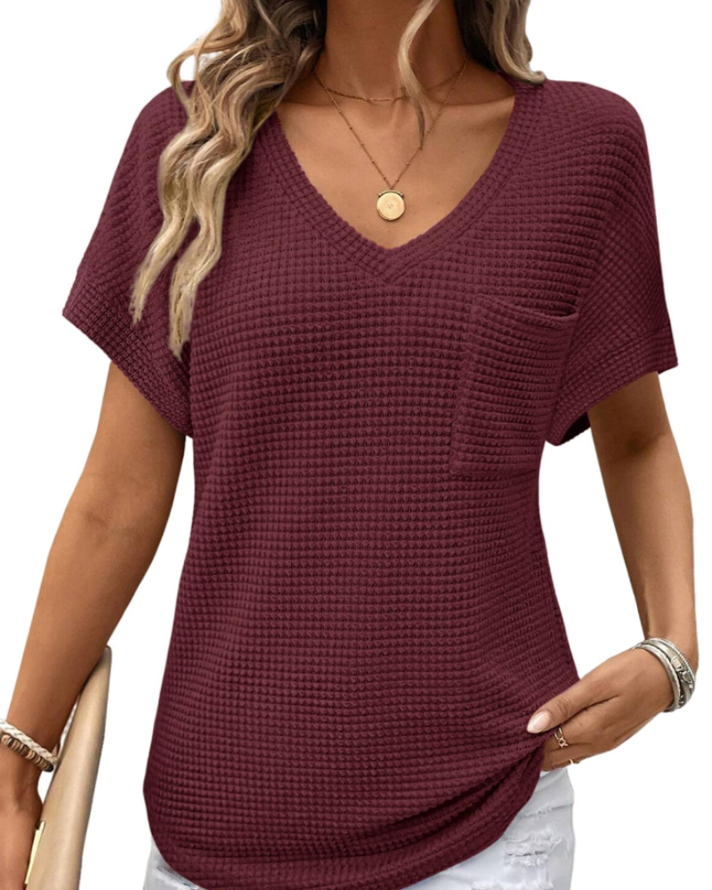 Top Solene Donna – Suéter de Punto Waffle, Escote en V y Camiseta Casual de Corte Holgado