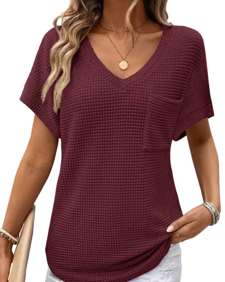 Top Solene Donna – Suéter de Punto Waffle, Escote en V y Camiseta Casual de Corte Holgado