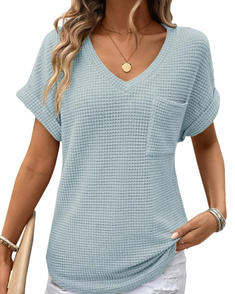 Top Solene Donna – Suéter de Punto Waffle, Escote en V y Camiseta Casual de Corte Holgado