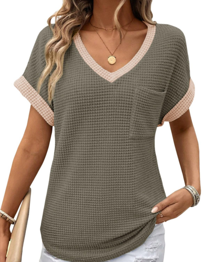 Top Solene Donna – Suéter de Punto Waffle, Escote en V y Camiseta Casual de Corte Holgado