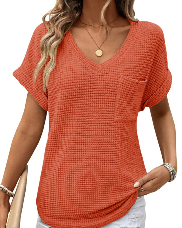 Top Solene Donna – Suéter de Punto Waffle, Escote en V y Camiseta Casual de Corte Holgado
