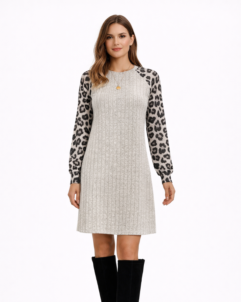 Sable Rochie Damă Tricot – Rochie Tricotată cu Mâneci Animalier și Guler Rotund Casual