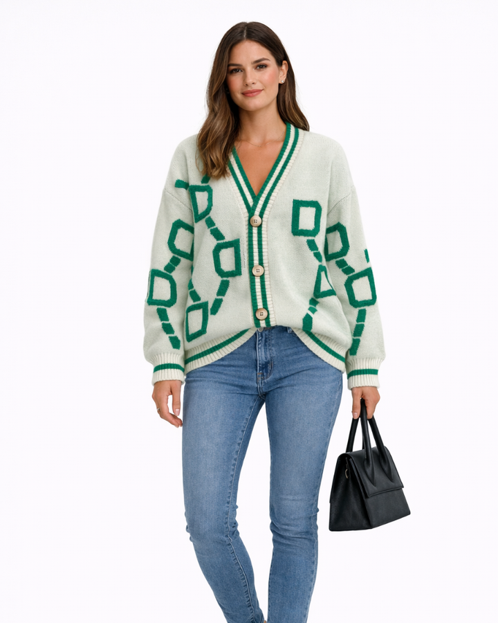 Ζακέτα Arlette Donna Jacquard – Ζακέτα Πλεκτή με Γεωμετρικό Σχέδιο και Κουμπιά σε Μοντέρνο Στυλ