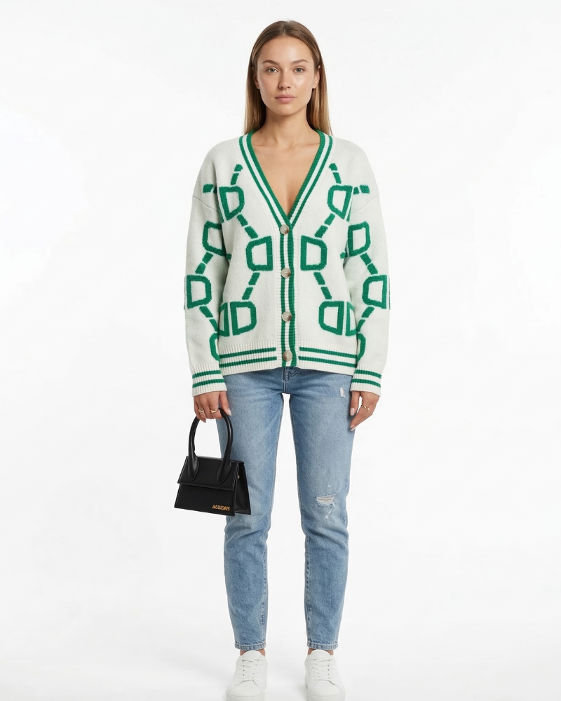 Ζακέτα Arlette Donna Jacquard – Ζακέτα Πλεκτή με Γεωμετρικό Σχέδιο και Κουμπιά σε Μοντέρνο Στυλ