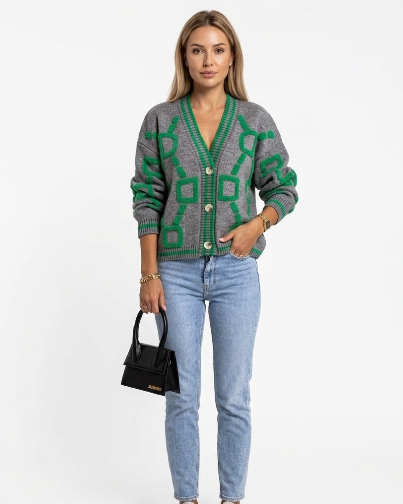 Ζακέτα Arlette Donna Jacquard – Ζακέτα Πλεκτή με Γεωμετρικό Σχέδιο και Κουμπιά σε Μοντέρνο Στυλ
