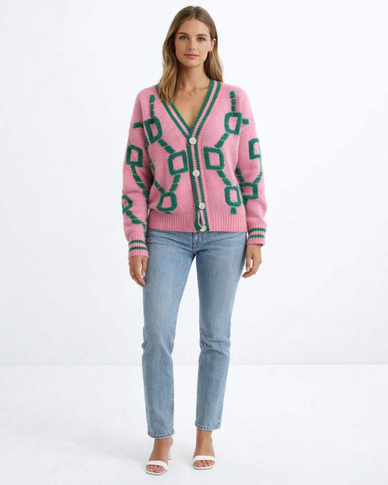 Ζακέτα Arlette Donna Jacquard – Ζακέτα Πλεκτή με Γεωμετρικό Σχέδιο και Κουμπιά σε Μοντέρνο Στυλ