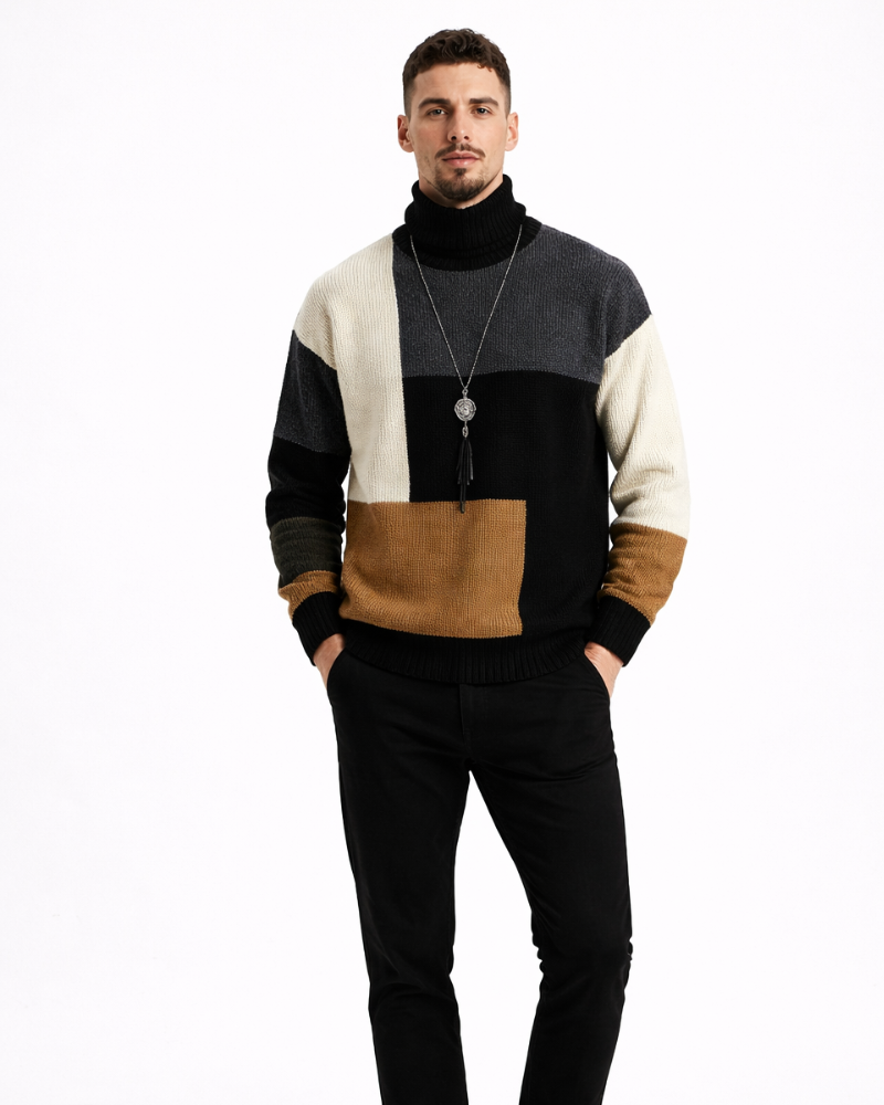 Joshue Maglione Pánsky Patchwork – Bavlnený Sveter s Okrúhlym Výstrihom Mäkký Casual Štýl