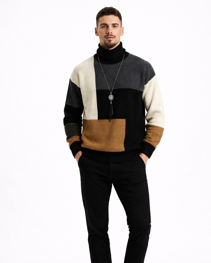 Joshue Maglione Pánsky Patchwork – Bavlnený Sveter s Okrúhlym Výstrihom Mäkký Casual Štýl