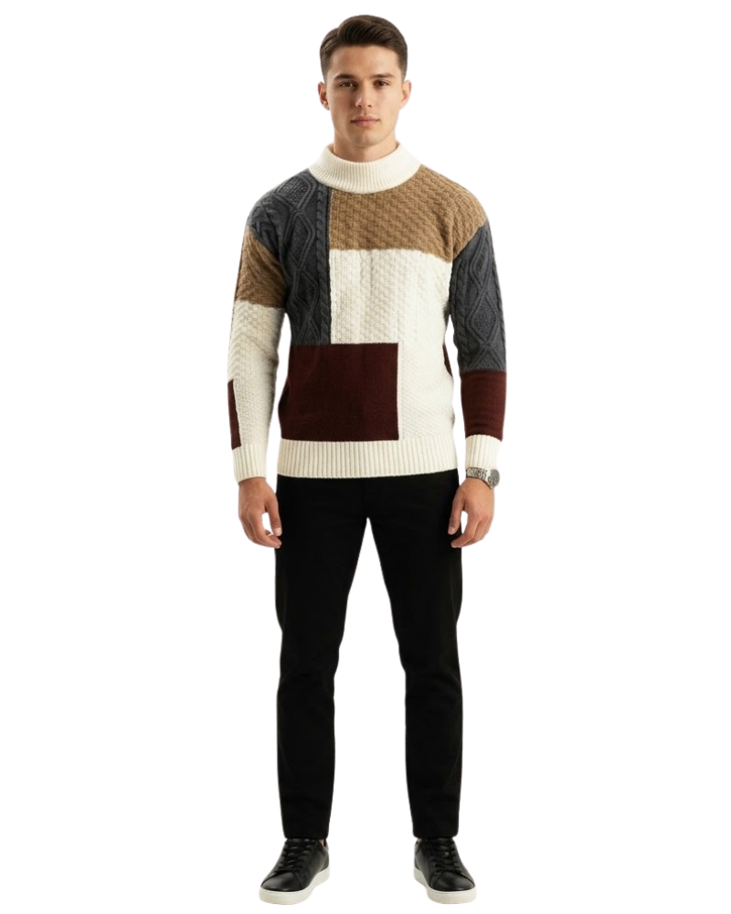 Joshue Maglione Pánsky Patchwork – Bavlnený Sveter s Okrúhlym Výstrihom Mäkký Casual Štýl