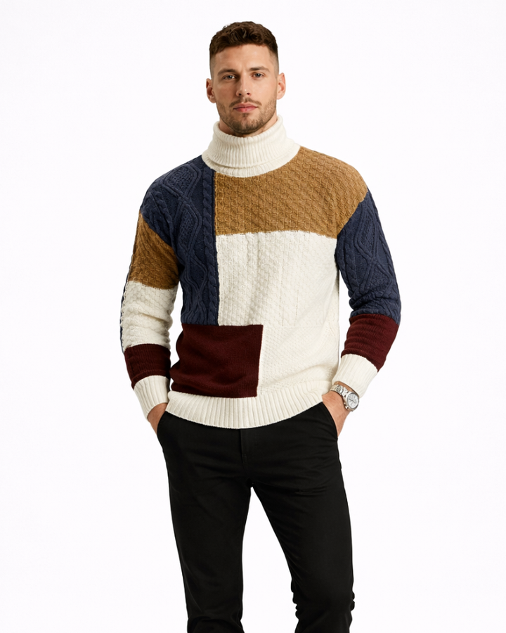 Joshue Maglione Pánsky Patchwork – Bavlnený Sveter s Okrúhlym Výstrihom Mäkký Casual Štýl